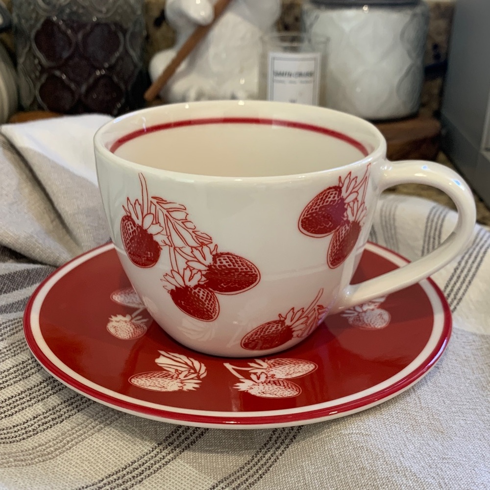 Starbucks Red and White Strawberry Coffee/Tea Cup and Saucer Set